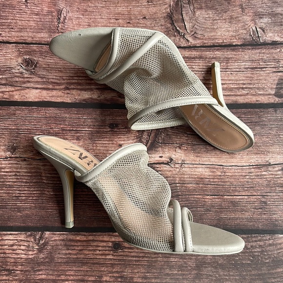 ZARA | Grey faux leather mesh high heel mules sandals - Picture 2 of 12